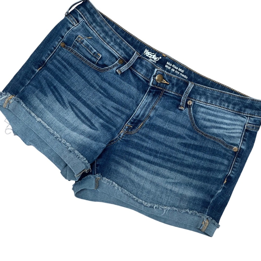 Mossimo Denim Shorts Women 12 Blue Jean Mid Rise Super Stretch Raw Hem